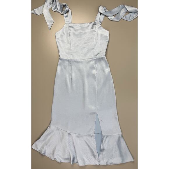 Skies Are Blue Satin Midi Dress XS Pastel Baby Blue Bridesmaid Bow Straps Ruffle - Picture 10 of 16